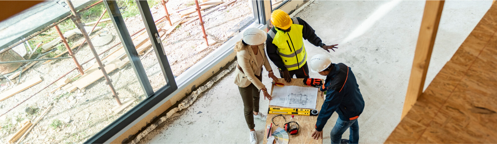 Top-down view of construction workers